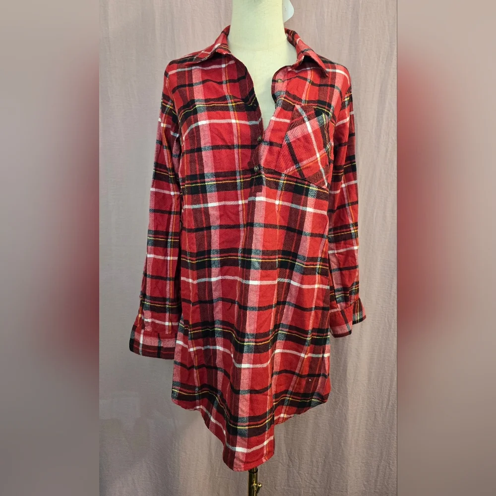 Isabel Maternity Women's Maternity Plaid Flannel Popover Tunin Top, Red - SMALL - Picture 2 of 8